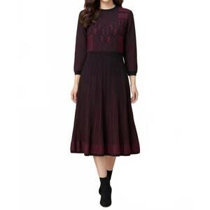 NEW ELIO women's textured knit midi dress in back/wine